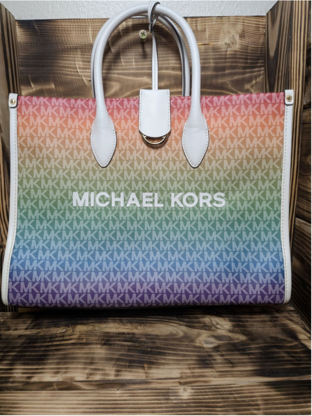 Michael Kors Mirella Tote Bag Womens Medium Rainbow Logo Canvas Leather Handbag